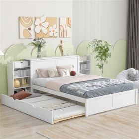 Queen Size Storage Platform Bed with Pull Out Shelves and Twin XL Size Trundle, White Queen Size Storage Platform Bed with Pull Out Shelves and Twin XL Size Trundle, White